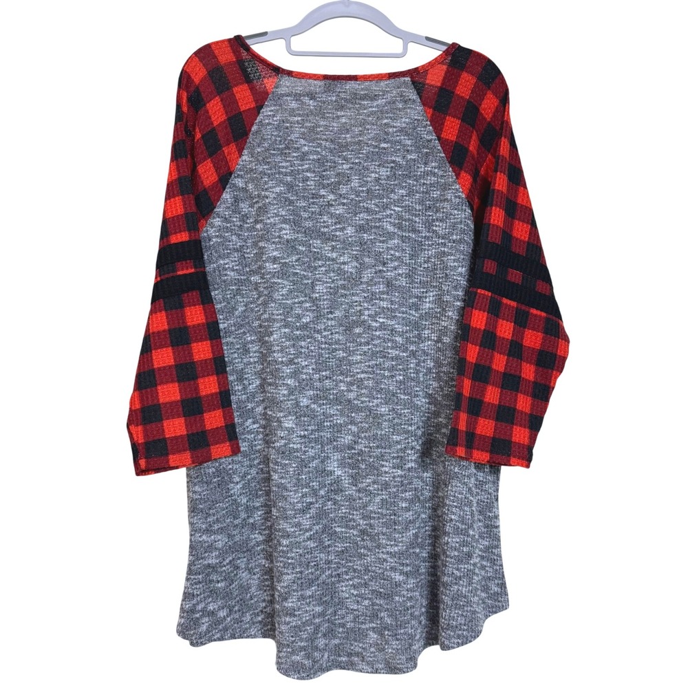 Cato Womens 14 16W Plaid Sleeve Christmas Tree Graphic Raglan Top FLAW - Picture 3 of 8